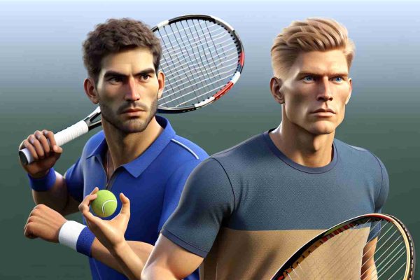 High definition realistic illustration of two unidentified professional male tennis players, one with a sense of shock and retaliation in his eyes, anticipating a showdown on the tennis court. One character has short blond hair, a strong physique, and is clad in sportswear brandishing a tennis racket. The other character has short dark hair, an athletic build, is also clad in sportswear, and awaiting the said showdown with tennis racket in hand.