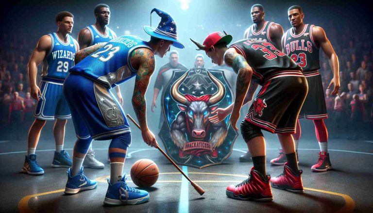 Highly detailed, realistic scene of two basketball teams preparing for a match. On one side, team with a nickname 'Wizards', dressed in vibrant blue and silver uniforms, their emblem featuring a magic wand. On the other side, a team known as the 'Bulls', their pride shown in their red and black gear, their emblem displaying a fierce bull. The atmosphere is tense, both teams are ready to go head-to-head in a contest of skill, power, and determination. The question lingers in the air: Who will triumph?