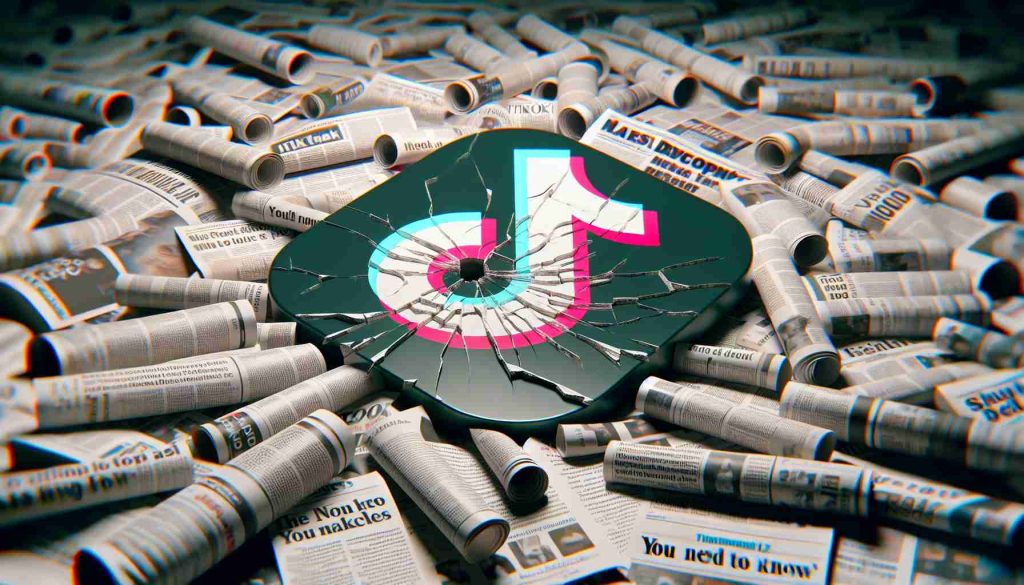 A HD and realistic photo representation of the concept of TikTok potentially facing challenges. Illustrate this concept through the symbol of a cracked app logo floating in a sea of current affairs newspapers. On the newspapers, visible headlines should read 'Latest Developments', 'You Need To Know', and hint at controversial topics relevant to social media platforms. Please ensure all text is legible.