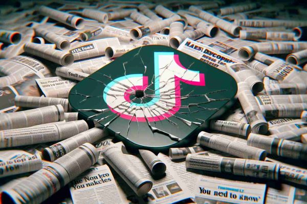 A HD and realistic photo representation of the concept of TikTok potentially facing challenges. Illustrate this concept through the symbol of a cracked app logo floating in a sea of current affairs newspapers. On the newspapers, visible headlines should read 'Latest Developments', 'You Need To Know', and hint at controversial topics relevant to social media platforms. Please ensure all text is legible.