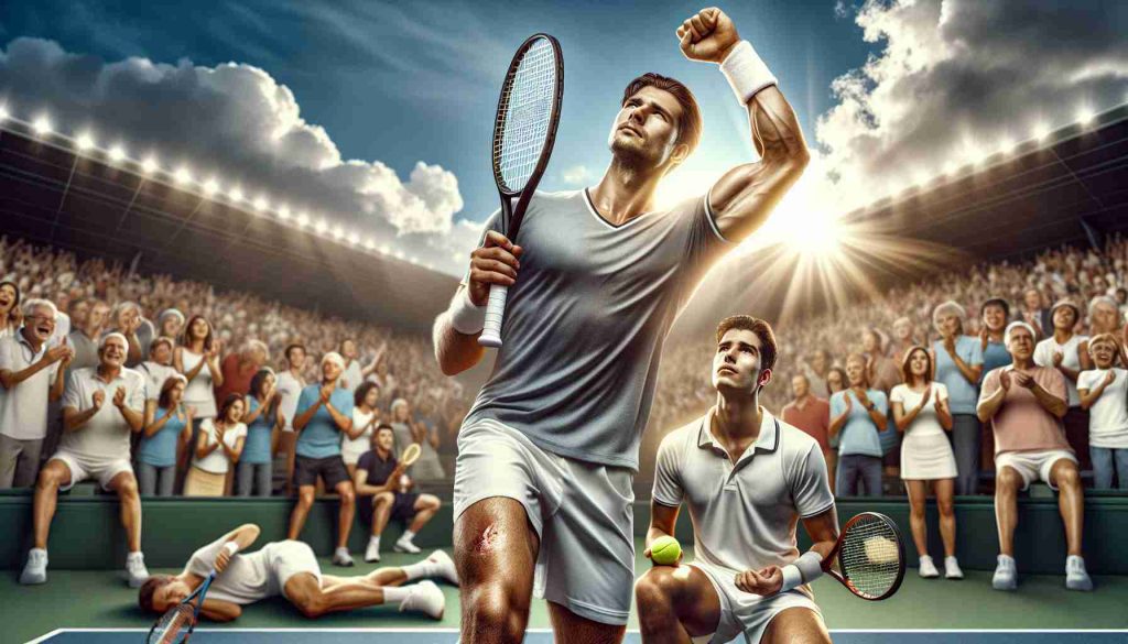 Realistic HD image of an intense tennis match where a professional male Eastern European player overcomes an injury to triumph over a young, ambitious Hispanic male player. The scene shows the victor with his racket raised high in success, while the backdrop reminisces of a bright, sunny day at an outdoor tennis court filled with captivated audience members