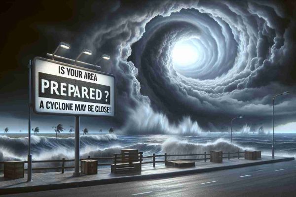 Realistic high definition image showing an ominous weather situation with dark cloudy skies and turbulent sea, signaling the approach of a cyclone. In the foreground, there should be a signboard displaying the text 'Is Your Area Prepared? A Cyclone May Be Close!'