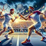 A vivid and realistic high-definition image of an intense quarterfinal match at an international tennis tournament similar to the Australian Open. Show two athletic individuals engaged in a heated exchange of volleys, with an incredulous crowd reacting to unexpected results. Embellish the scene with details like rackets flying, sweat being tossed up in the air, and the athletes showing determination and surprise.