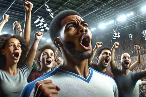 High-definition, realistic image capturing a breathtaking moment in a soccer game. A player, an African male in his mid-twenties, has just scored an extraordinary goal and expresses a mixed palette of emotions: jubilation, relief, and tension. Despite the euphoria, he maintains his composure, exhibiting true class. In the background, a diverse range of spectators — a Caucasian female teenager, a middle-aged Hispanic man, and a South Asian child — react differently, their faces a testament to the shared thrill, anticipation, and disappointment of the game.