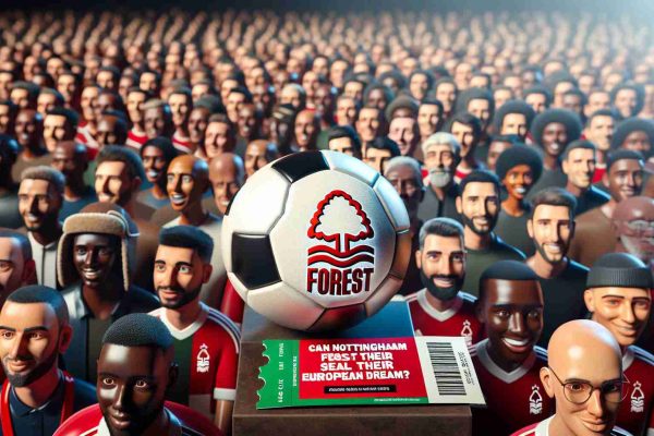 Realistically depicted, high definition image of Nottingham Forest's emblem, a football (soccer ball) and a mock-up ticket for a European football championship. The environment is filled with hopeful expressions on the faces of the crowd, representing a variety of descents including Hispanic, Black, Caucasian, Middle Eastern and South Asian fans. The text 'Can Nottingham Forest Seal their European Dream?' is prominently featured.