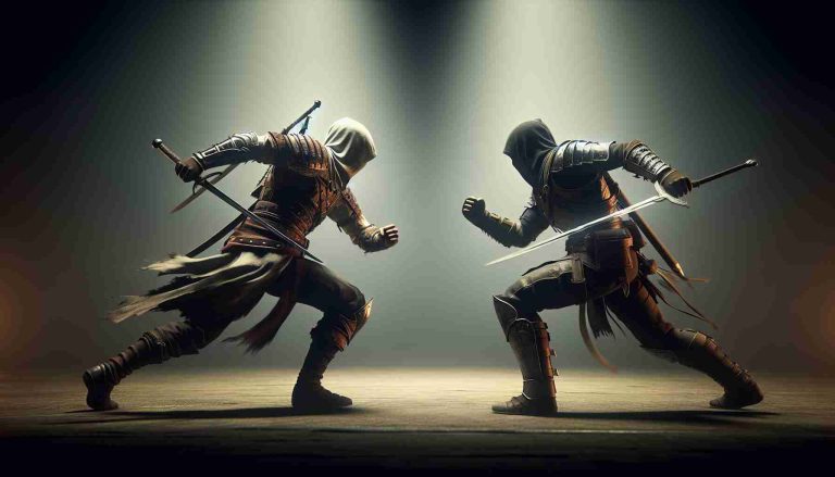 A high definition, realistic image representation of a thrilling, uncertain battle taking place. Please depict two anonymous warriors, one of a Caucasian descent and the other of an Asian descent, both in full armor and preparing to engage each other. The atmosphere should be tense and suspenseful, capturing the unpredictability of the outcome. The scene should be set on a generic, neutral battlefield. Neither warrior has a clear advantage, symbolizing the balanced skills between them. The overall image should allow viewers to guess who will prevail in this unpredictable clash.