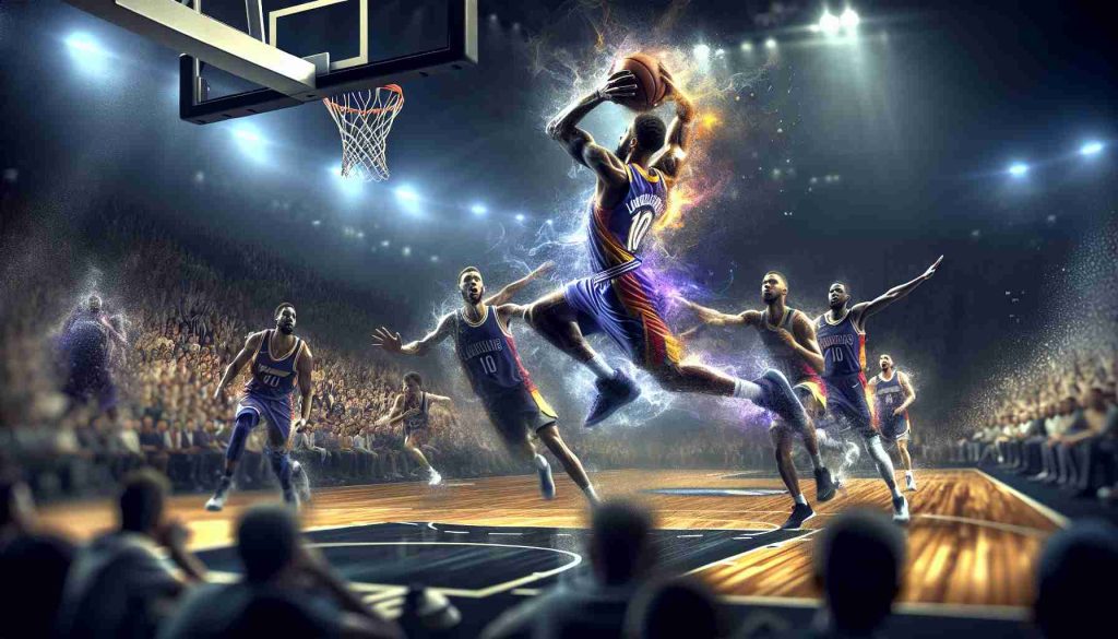 A high-definition, realistic image representing memorable moments from a popular basketball league game, specifically from star performers during a Saturday game. Imagine the dynamic moves, the intensity of the spectators, the players defying gravity and landing impressive shots, all captured in a single image.