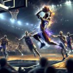 A high-definition, realistic image representing memorable moments from a popular basketball league game, specifically from star performers during a Saturday game. Imagine the dynamic moves, the intensity of the spectators, the players defying gravity and landing impressive shots, all captured in a single image.