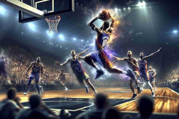 A high-definition, realistic image representing memorable moments from a popular basketball league game, specifically from star performers during a Saturday game. Imagine the dynamic moves, the intensity of the spectators, the players defying gravity and landing impressive shots, all captured in a single image.