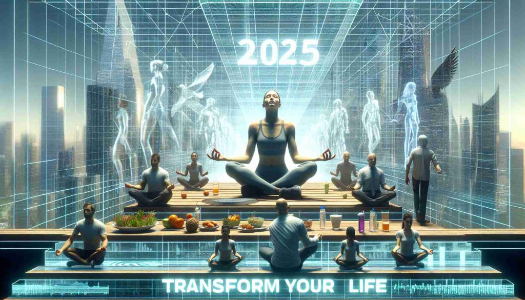 Generate a high-definition, realistic representation of the year 2025 under the theme 'Transform Your Life.' The scene should portray a person, regardless of gender identity or race, engaging in healthy practices such as exercise, healthy eating, and meditation. This image should evoke motivation, optimism, and excitement for ensuing lifestyle changes leading to a better future!