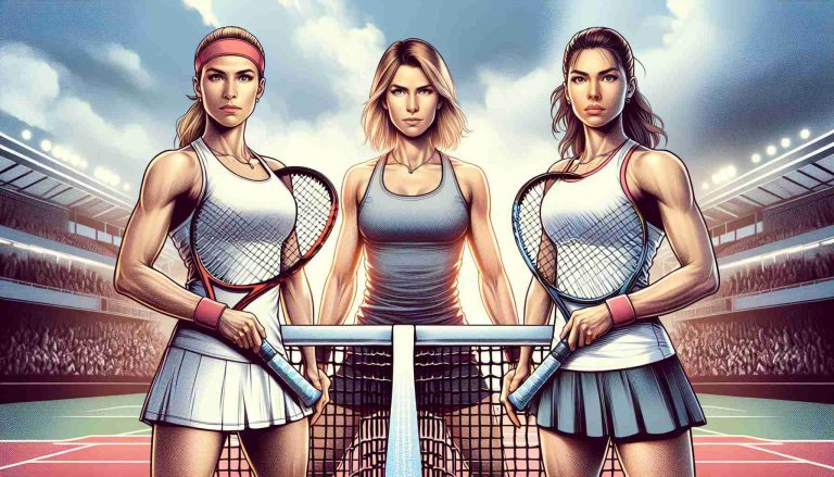 A thrilling HD illustration of an approaching tennis match showdown between a powerful female Caucasian tennis player and a skilled female Middle-Eastern tennis player. The anticipation is building as they both gear up for the game. Whom will triumph is still uncertain. The court, net, racquets, and the focused faces of the players can all be clearly viewed in the scene.