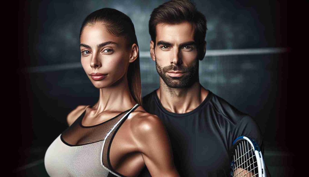 A high-definition, realistic-style portrait of a powerful, resilient couple deeply in love. Both of them are accomplished and competitive athletes. The woman is a tall, athletic Eastern European with a determined expression and brown hair pulled back, ready for action on a tennis court. The man, equally accomplished, supports her journey as a partner, presenting a figure of strength and resilience. Their surroundings hint at a professional sports setting with elements of tennis.