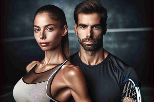 A high-definition, realistic-style portrait of a powerful, resilient couple deeply in love. Both of them are accomplished and competitive athletes. The woman is a tall, athletic Eastern European with a determined expression and brown hair pulled back, ready for action on a tennis court. The man, equally accomplished, supports her journey as a partner, presenting a figure of strength and resilience. Their surroundings hint at a professional sports setting with elements of tennis.