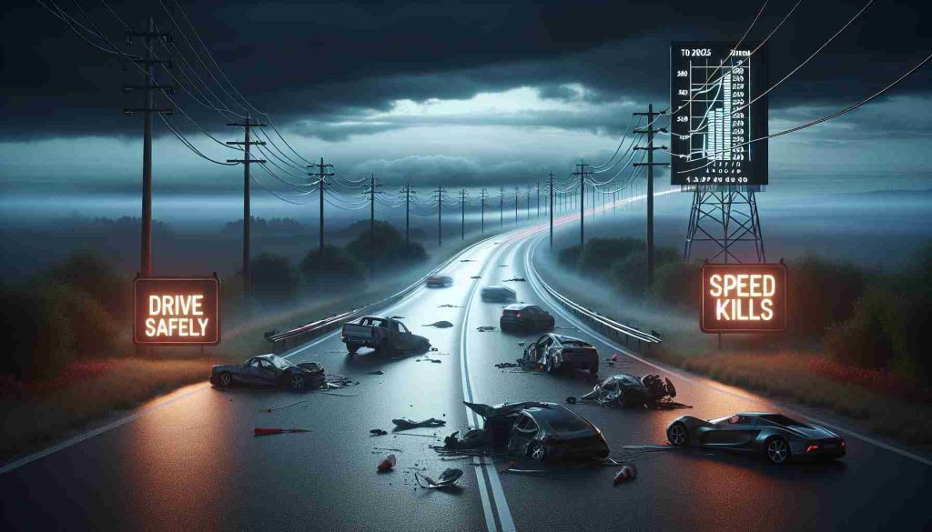 A realistic, high-definition image representing a dramatic start to 2025 with a spike in road fatalities: a gloomy, overcast sky casting an ominous shadow on an empty, winding road. Several crumpled vehicles, illustrating accidents, line the sides of the road. Neon signs stating 'Drive Safely' and 'Speed Kills' illuminate the dusky scene, while an infochart stands near the road depicting a sharp rise in accident statistics. No human or animal figures are present in the scene, just a sombre reminder of road safety.