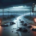 A realistic, high-definition image representing a dramatic start to 2025 with a spike in road fatalities: a gloomy, overcast sky casting an ominous shadow on an empty, winding road. Several crumpled vehicles, illustrating accidents, line the sides of the road. Neon signs stating 'Drive Safely' and 'Speed Kills' illuminate the dusky scene, while an infochart stands near the road depicting a sharp rise in accident statistics. No human or animal figures are present in the scene, just a sombre reminder of road safety.