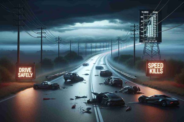 A realistic, high-definition image representing a dramatic start to 2025 with a spike in road fatalities: a gloomy, overcast sky casting an ominous shadow on an empty, winding road. Several crumpled vehicles, illustrating accidents, line the sides of the road. Neon signs stating 'Drive Safely' and 'Speed Kills' illuminate the dusky scene, while an infochart stands near the road depicting a sharp rise in accident statistics. No human or animal figures are present in the scene, just a sombre reminder of road safety.