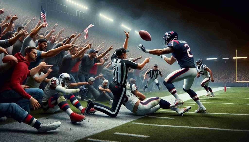 A realistic, high-definition depiction of crucial mistakes and disputed decisions by referees during a football play-off encounter, which led to disappointment for a team clad in red, white, and navy, representative of the Texans. The setting should convey the electrifying atmosphere of a playoff clash with spectators reacting to the incidents. However, avoid depicting any identifiable player, football team, or referee figures.