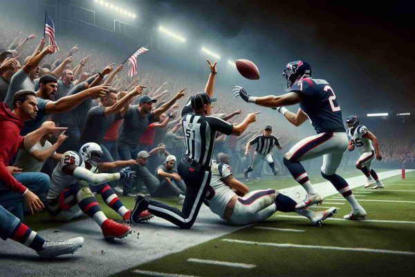 A realistic, high-definition depiction of crucial mistakes and disputed decisions by referees during a football play-off encounter, which led to disappointment for a team clad in red, white, and navy, representative of the Texans. The setting should convey the electrifying atmosphere of a playoff clash with spectators reacting to the incidents. However, avoid depicting any identifiable player, football team, or referee figures.