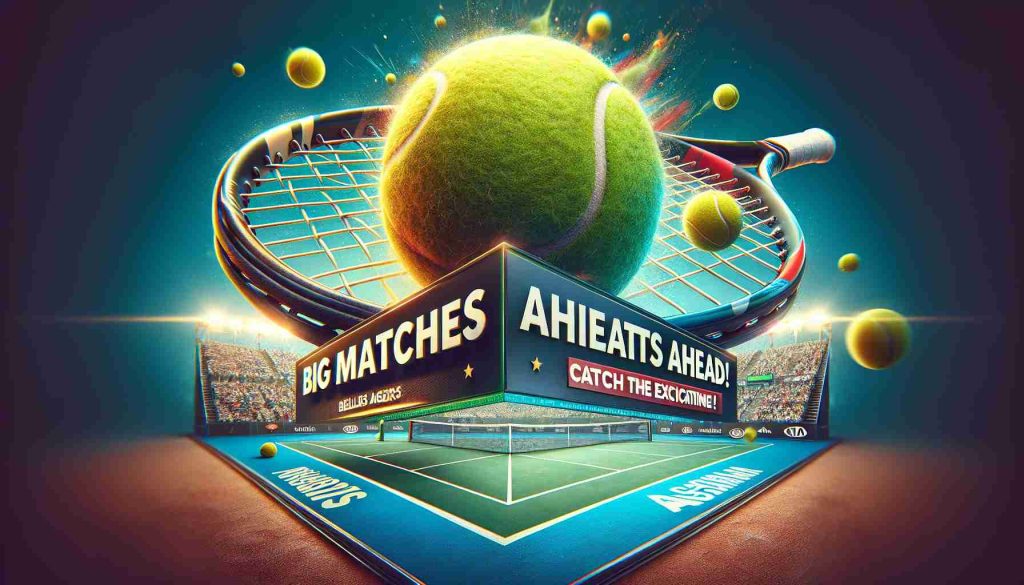 High definition, realistic styled image promoting an upcoming tennis tournament akin to the Australian Open. The picture radiates excitement with a vibrant tennis court as the backdrop, a close-up of a tennis ball and racquet symbolizing the heart-pounding thrill of the game. The text 'Big Matches Ahead! Catch the Excitement!' is emblazoned across the scene.