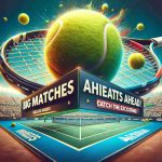 High definition, realistic styled image promoting an upcoming tennis tournament akin to the Australian Open. The picture radiates excitement with a vibrant tennis court as the backdrop, a close-up of a tennis ball and racquet symbolizing the heart-pounding thrill of the game. The text 'Big Matches Ahead! Catch the Excitement!' is emblazoned across the scene.