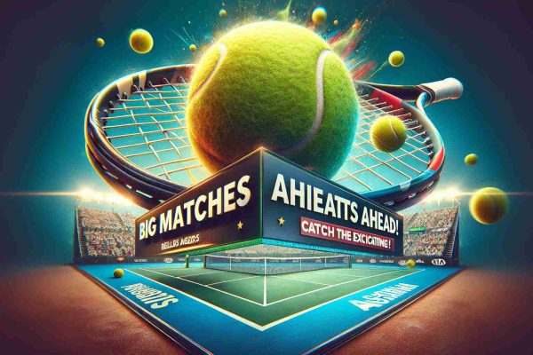 High definition, realistic styled image promoting an upcoming tennis tournament akin to the Australian Open. The picture radiates excitement with a vibrant tennis court as the backdrop, a close-up of a tennis ball and racquet symbolizing the heart-pounding thrill of the game. The text 'Big Matches Ahead! Catch the Excitement!' is emblazoned across the scene.