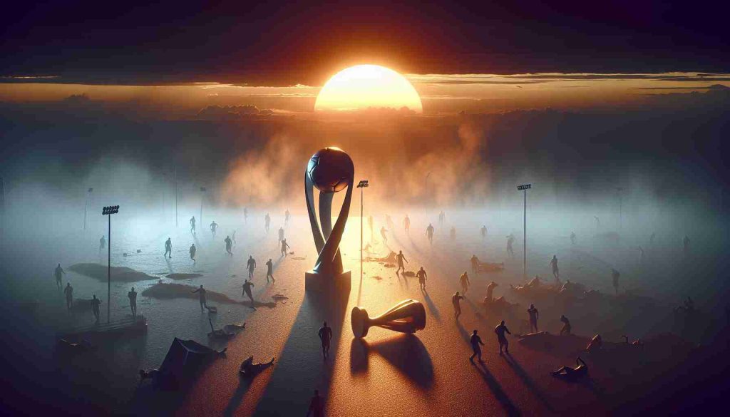 Create a photo-realistic image in high definition that symbolizes 'The Suns Fold Under Pressure: A Disastrous Loss'. This can be interpreted as a sunset scene with the sun gradually setting, signifying surrender under pressure. In the foreground, let there be a broken trophy or an upset crowd, to depict the disastrous loss. Generate the scene with strong contrasts and shadows to emphasize the melancholy mood and the tragic event.