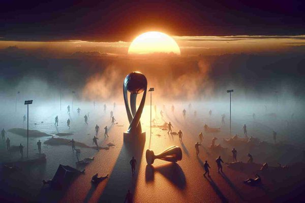 Create a photo-realistic image in high definition that symbolizes 'The Suns Fold Under Pressure: A Disastrous Loss'. This can be interpreted as a sunset scene with the sun gradually setting, signifying surrender under pressure. In the foreground, let there be a broken trophy or an upset crowd, to depict the disastrous loss. Generate the scene with strong contrasts and shadows to emphasize the melancholy mood and the tragic event.