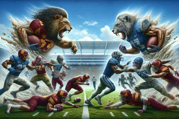 An intricately detailed and realistic rendering of a high-energy American football showdown. Two teams clash on the field with vigour and determination. The team in Honolulu blue and silver is illustrated overtly clawing and fighting, as if embodying the spirit of ferocious lions. They stand against a team dressed in burgundy and gold, exuding an aura of command and authority. They are battling it out on a green pitch under a pristine, cerulean sky with the roar of an expectant crowd in a massive, modern stadium behind them. Puffs of dirt explode from the ground where cleats dig in, adding intensity to the scene.