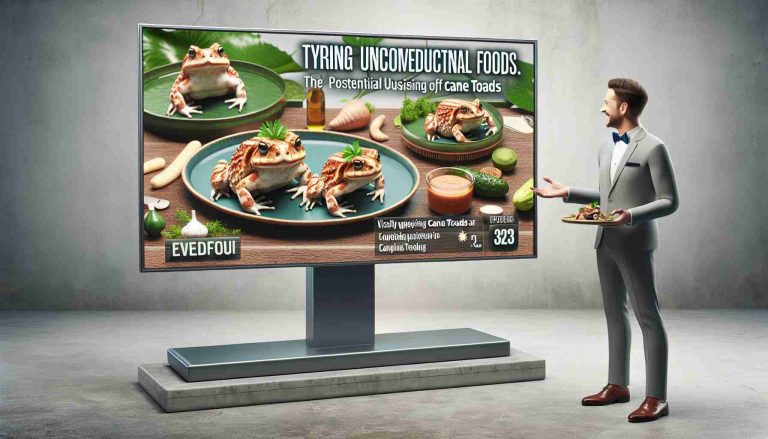 Realistically high-definition image of a culinary show concept where the host encourages trying unconventional foods, specifically cane toads. The shows premise explores the potential culinary usage of cane toads. Display a visually appealing, tantalizing platter featuring prepared cane toads, garnished and displayed in an elegant manner implying it as a new culinary adventure.