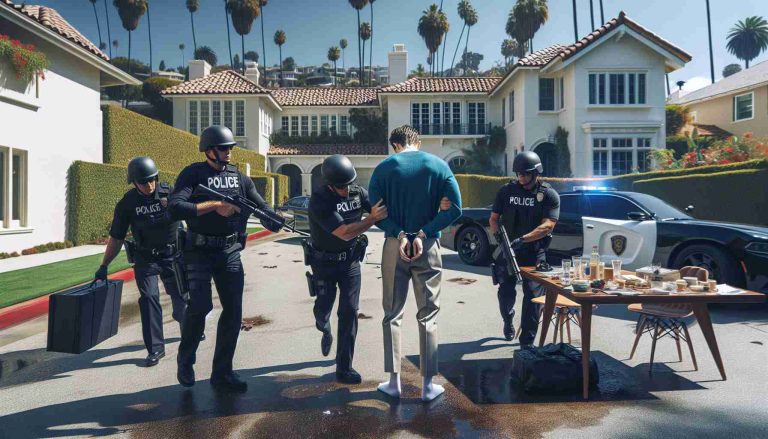 Create a high-definition image realistically portraying a tense scenario in a characteristic Beverly Hills-like wealthy neighbourhood. It depicts an arresting event where a man is being apprehended by law enforcement officers due to accusations of fueling hatred with his threats, maintaining a careful neutrality to avoid any offensive imagery.