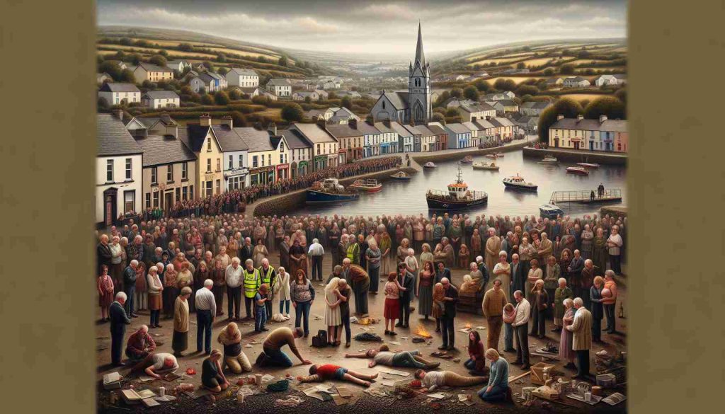 High definition, realistic image depicting a saddened community in Buncrana. The scene portrays various people of heterogeneous age, gender and descent, expressing grief and conveying a sense of tragic loss. The scenery incorporates elements symbolic to the town, such as its traditional buildings, waterfront and natural landscapes. The overall mood is sorrowful yet communal, reflecting the spirit of a community that despite the tragedy, remains united.