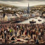 High definition, realistic image depicting a saddened community in Buncrana. The scene portrays various people of heterogeneous age, gender and descent, expressing grief and conveying a sense of tragic loss. The scenery incorporates elements symbolic to the town, such as its traditional buildings, waterfront and natural landscapes. The overall mood is sorrowful yet communal, reflecting the spirit of a community that despite the tragedy, remains united.