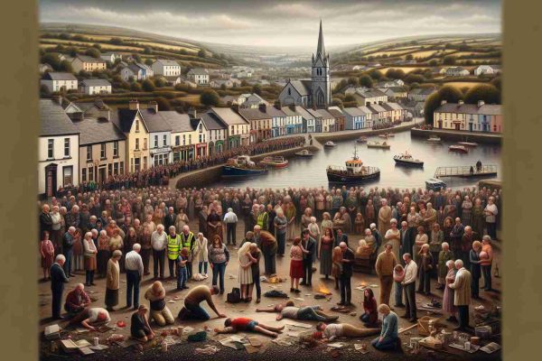 High definition, realistic image depicting a saddened community in Buncrana. The scene portrays various people of heterogeneous age, gender and descent, expressing grief and conveying a sense of tragic loss. The scenery incorporates elements symbolic to the town, such as its traditional buildings, waterfront and natural landscapes. The overall mood is sorrowful yet communal, reflecting the spirit of a community that despite the tragedy, remains united.