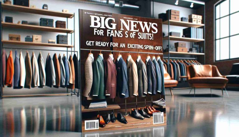 An HD quality inspirational scene of a magazine cover with the headline 'Big News for Fans of Suits! Get Ready for an Exciting Spin-Off!'. The cover features an array of high-end tailored suits hanging on a rack, indicating a variety of styles, colors, and fabrics. The background displays a stylish atelier setting, suggesting that it's time to get ready for an exciting, new direction in the world of sophisticated fashion.