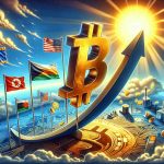 Realistic HD illustration of a visual interpretation of the Bitcoin symbol ascending on an upward trajectory, perhaps against a backdrop of a rising sun or similar symbolic imagery, representing the potential rise of the cryptocurrency. The theme could be amplified with surprising elements illustrating the possible reasons, such as international flags representing worldwide acceptance, or technological gadgets indicating increased digital utilization, thus aiming for a depiction of disbelief and wonder.