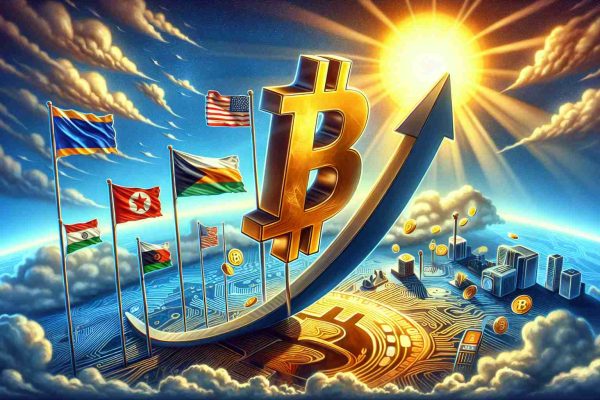 Realistic HD illustration of a visual interpretation of the Bitcoin symbol ascending on an upward trajectory, perhaps against a backdrop of a rising sun or similar symbolic imagery, representing the potential rise of the cryptocurrency. The theme could be amplified with surprising elements illustrating the possible reasons, such as international flags representing worldwide acceptance, or technological gadgets indicating increased digital utilization, thus aiming for a depiction of disbelief and wonder.